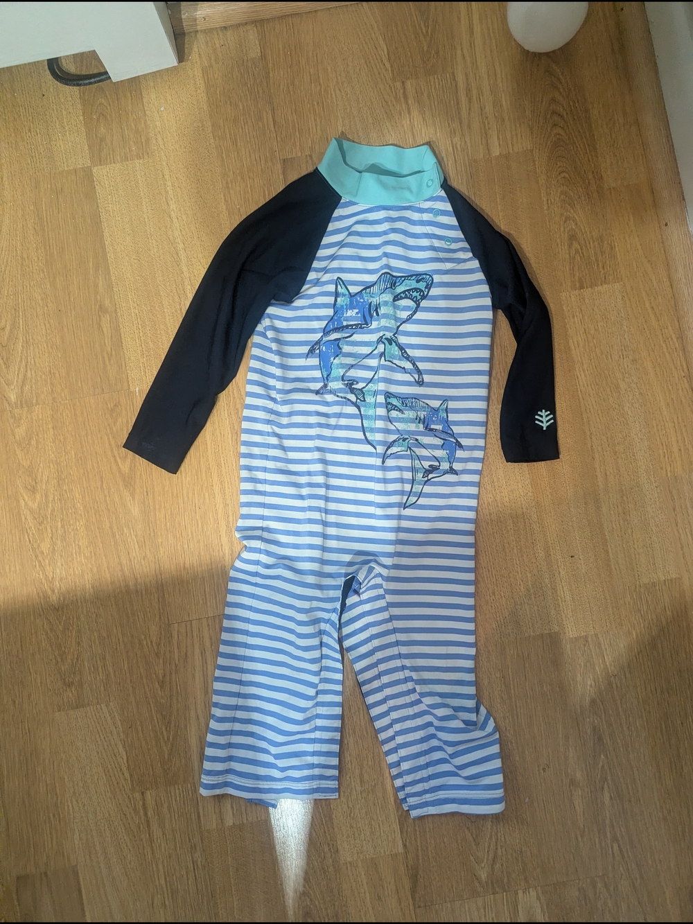Coolibar Navy & Light Blue Striped Shark Kids Rashguard Suit